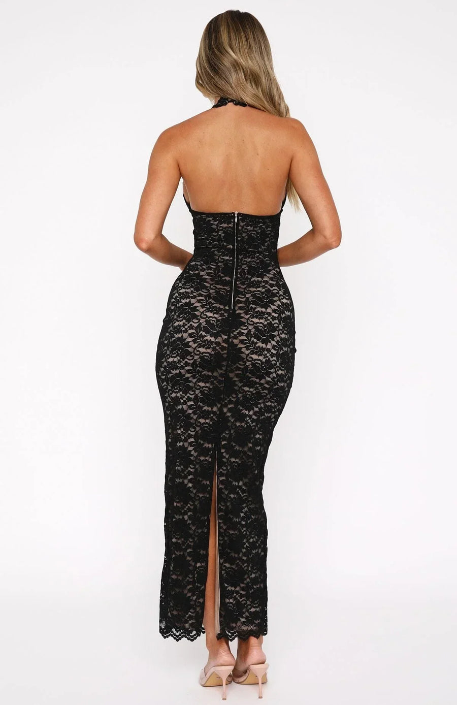 Schwarzes Maxikleid mit Spitzenverzierung und offenem Rücken für Damen