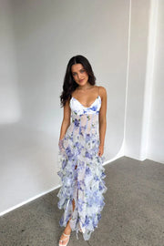 Langes Sommerkleid Weiß Blau Geblümt mit Volants & Korsett