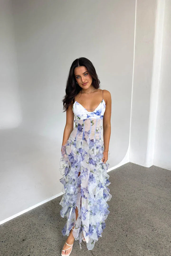 Langes Sommerkleid Weiß Blau Geblümt mit Volants & Korsett