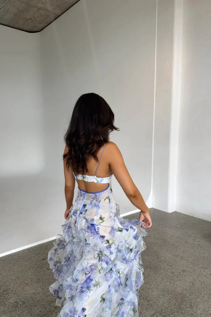 Langes Sommerkleid Weiß Blau Geblümt mit Volants & Korsett