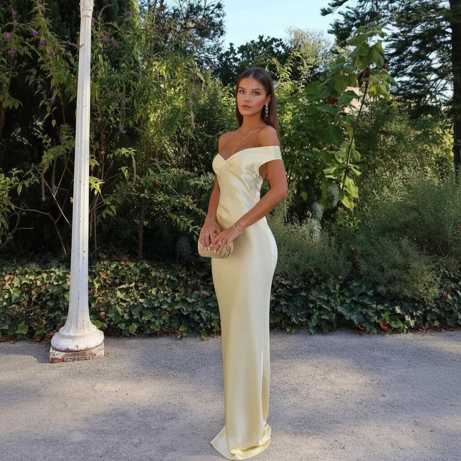 Gelbes, schulterfreies Maxikleid aus Satin für Damen