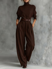 Elisabeth | Rollkragen Jumpsuit Set mit Gürtel Langarm Zweiteiler