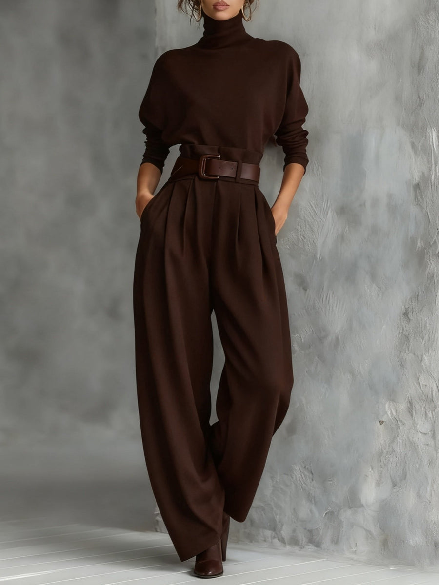 Elisabeth | Rollkragen Jumpsuit Set mit Gürtel Langarm Zweiteiler