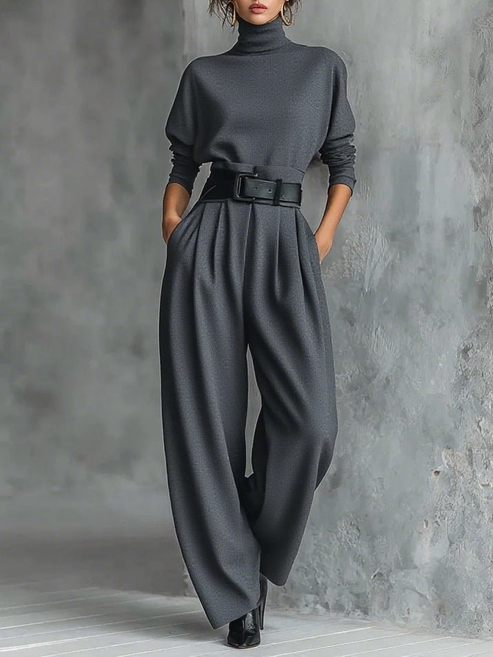 Elisabeth | Rollkragen Jumpsuit Set mit Gürtel Langarm Zweiteiler