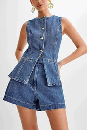 romy – ärmelloser jeans-zweiteiler mit taillierter weste & shorts