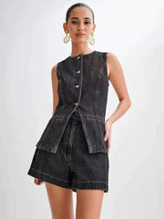 romy – ärmelloser jeans-zweiteiler mit taillierter weste & shorts