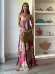 Rosa Florales Trägerloses Langes Sommerkleid