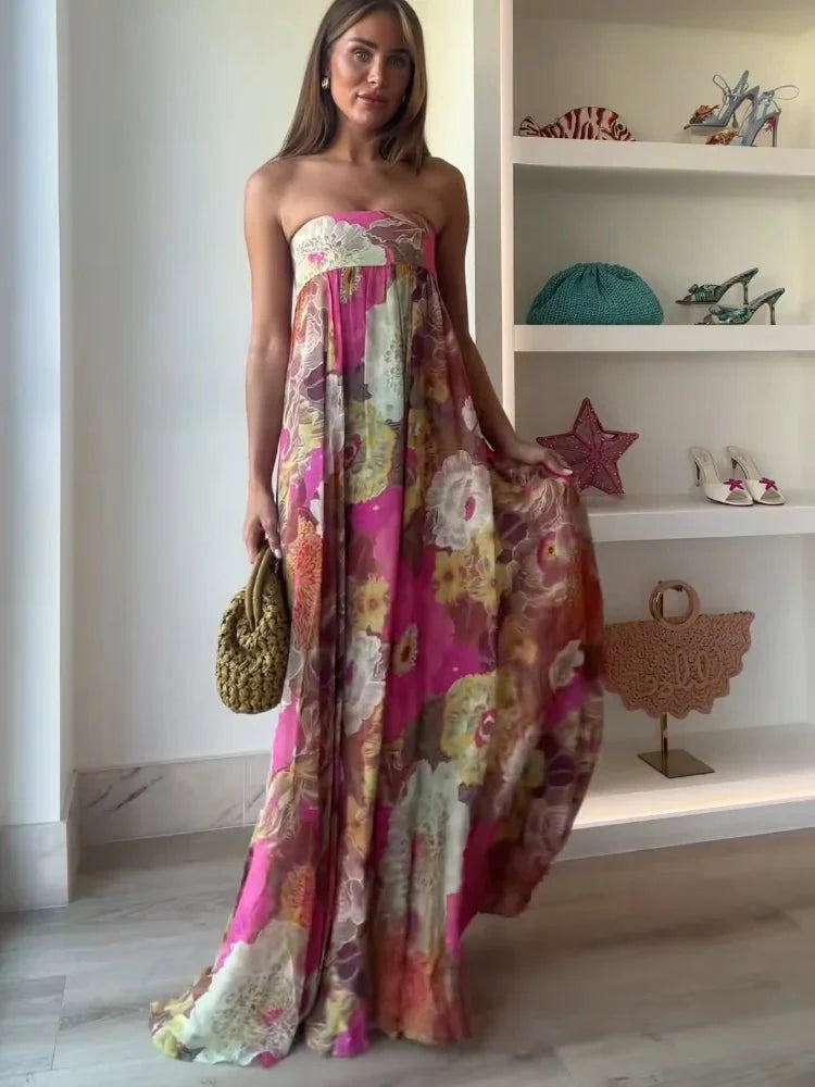Rosa Florales Trägerloses Langes Sommerkleid