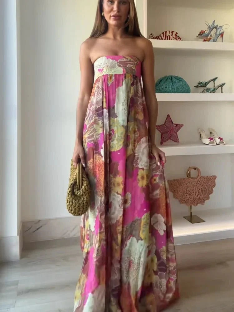 Rosa Florales Trägerloses Langes Sommerkleid