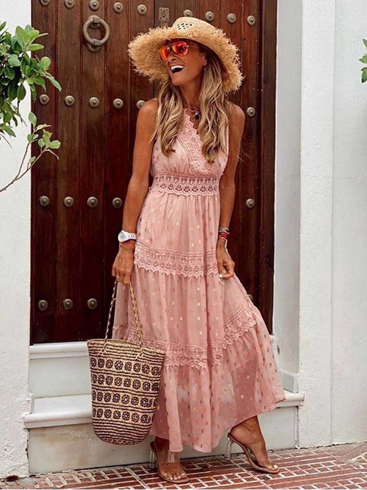 Damen Maxikleid aus Baumwolle mit Boho Chic Stil und V-Ausschnitt