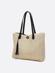 Mira | Große Strohtasche mit langen Tragehenkeln & Deko-Pompon – Sommerlicher Shopper aus Naturmaterial