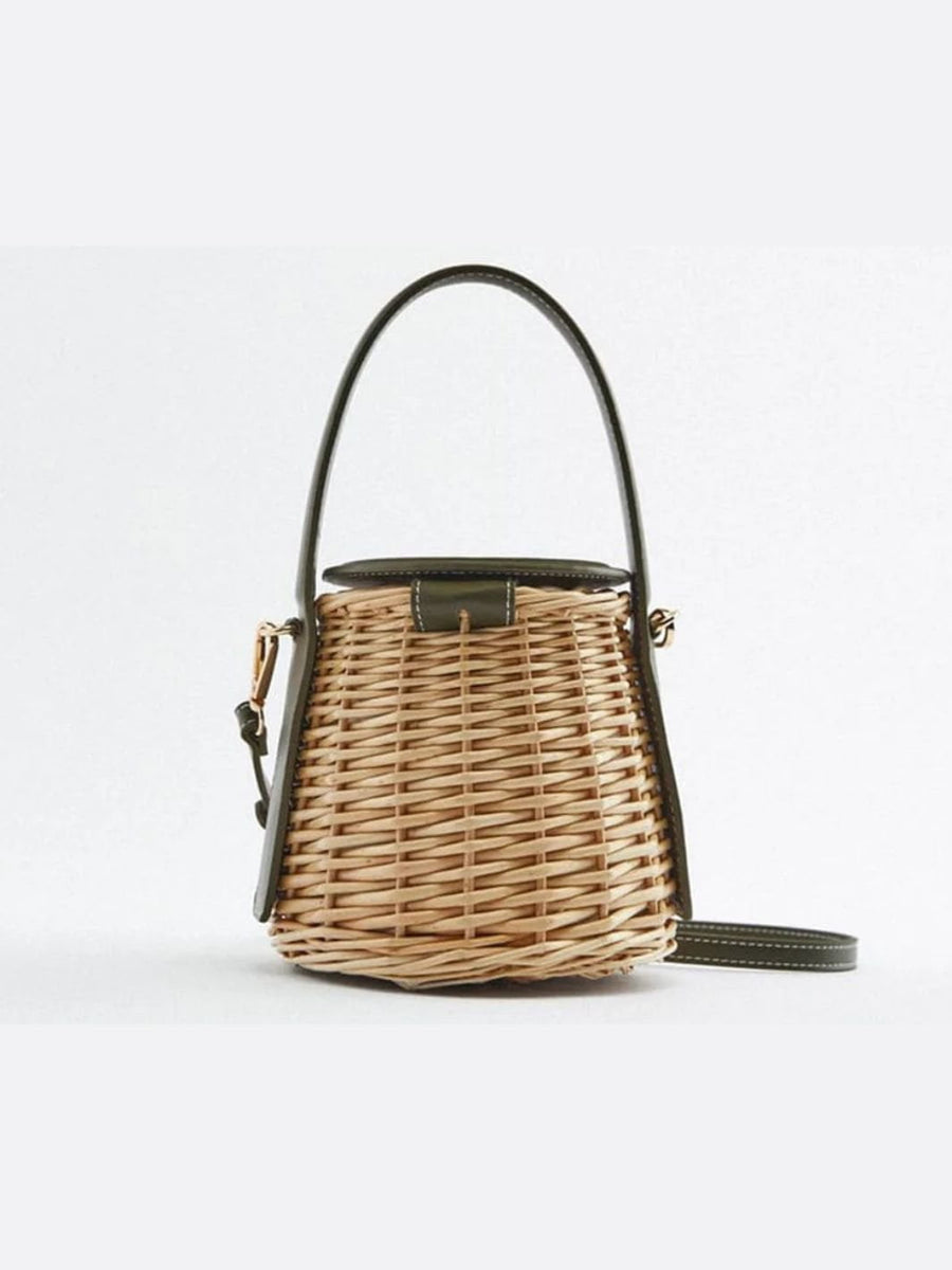 Noa | Runde Rattan-Handtasche mit Kunstledergriff & abnehmbarem Schulterriemen