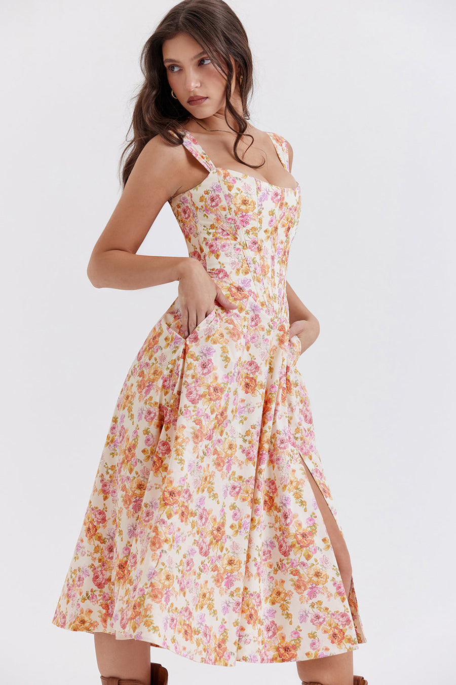 Damen-Midikleid aus Viskose mit Blumenmuster und V-Ausschnitt