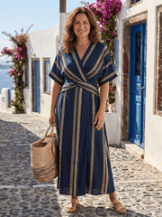Saphira | Damen Gestreiftes Wickelkleid Midi – Streifen Sommerkleid V-Ausschnitt 2026