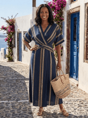 Saphira | Damen Gestreiftes Wickelkleid Midi – Streifen Sommerkleid V-Ausschnitt 2026