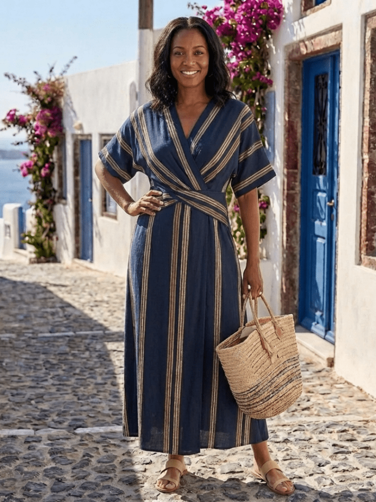 Saphira | Damen Gestreiftes Wickelkleid Midi – Streifen Sommerkleid V-Ausschnitt 2026