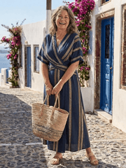 Saphira | Damen Gestreiftes Wickelkleid Midi – Streifen Sommerkleid V-Ausschnitt 2026