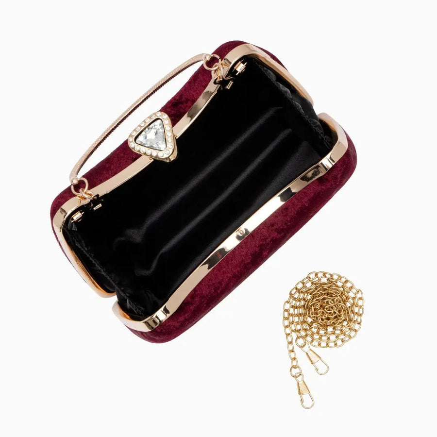 Sara | Weinrote Samt-Clutch mit Schmuckverschluss & Metallgriff – Elegante Abendtasche für Damen