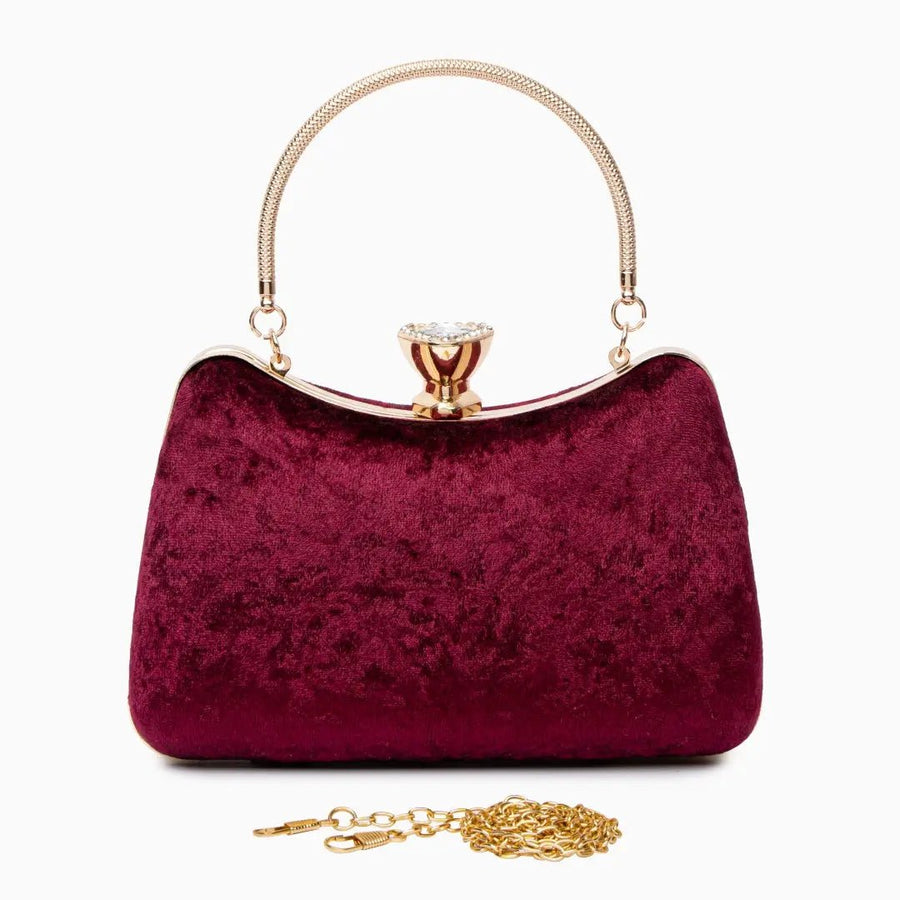 Sara | Weinrote Samt-Clutch mit Schmuckverschluss & Metallgriff – Elegante Abendtasche für Damen