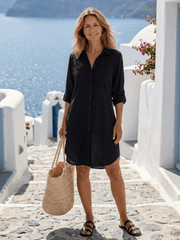 Serena | Damen Hemdkleid Stehkragen – Elegantes Blusenkleid Midi für Büro & Alltag 2026
