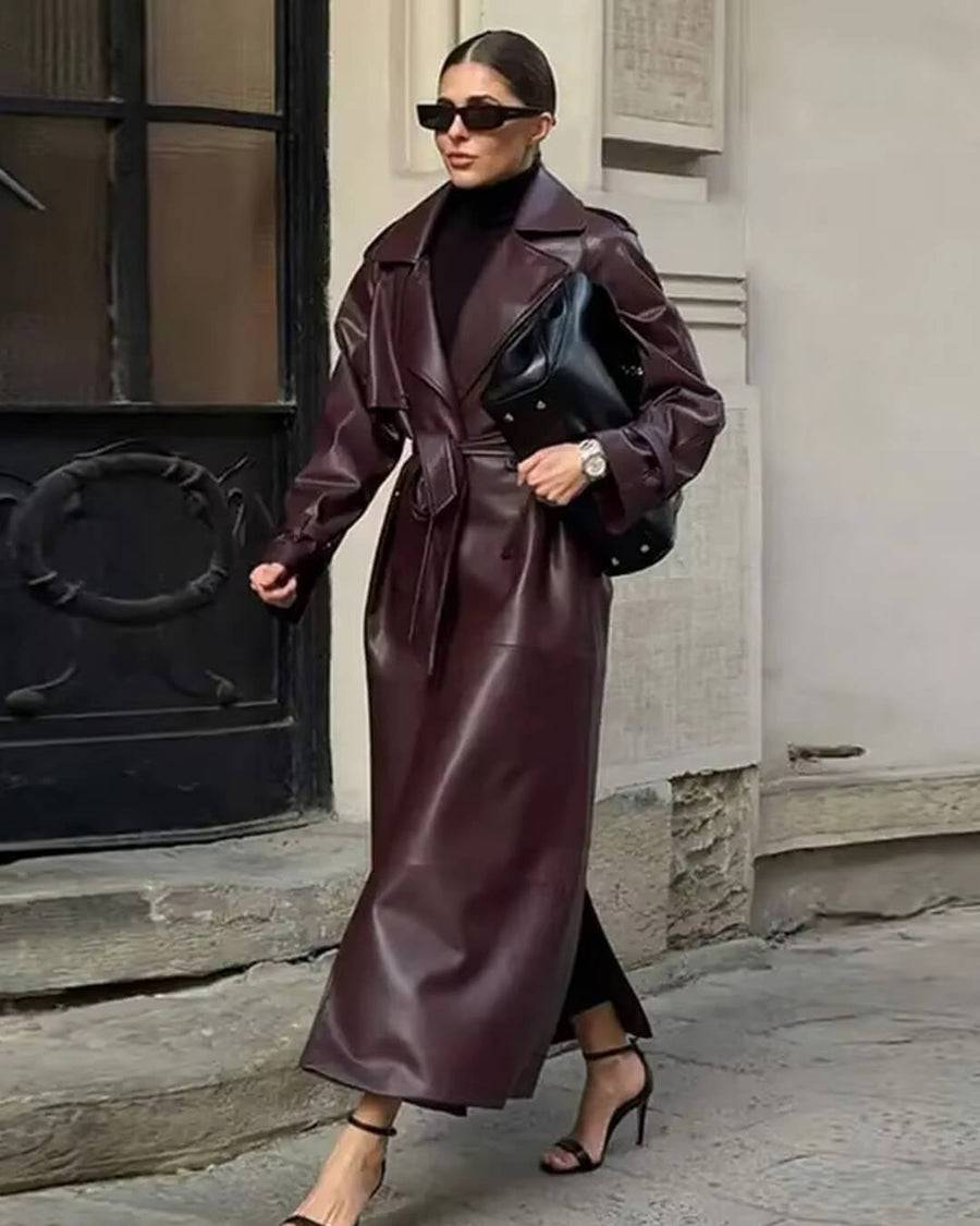 Cassy Kunstleder Maxi Trenchcoat