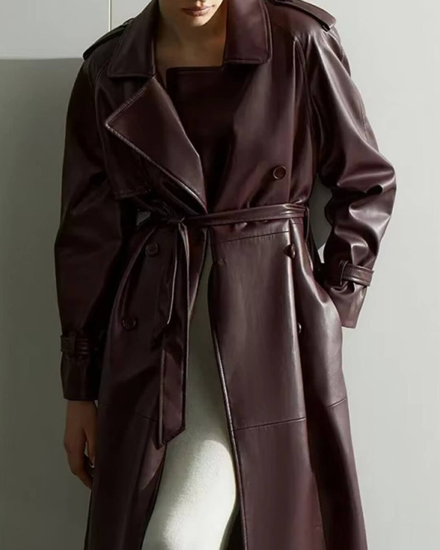Cassy Kunstleder Maxi Trenchcoat