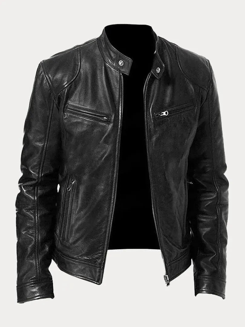 Leder-Bikerjacke In Einfarbig | Mit Reißverschluss