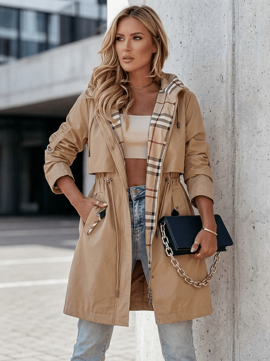 Trenchcoat Damen Khaki mit Kapuze