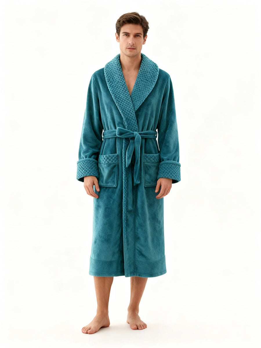 Unisex Bademantel lang mit Gürtel, Schalkragen und aufgesetzten Taschen