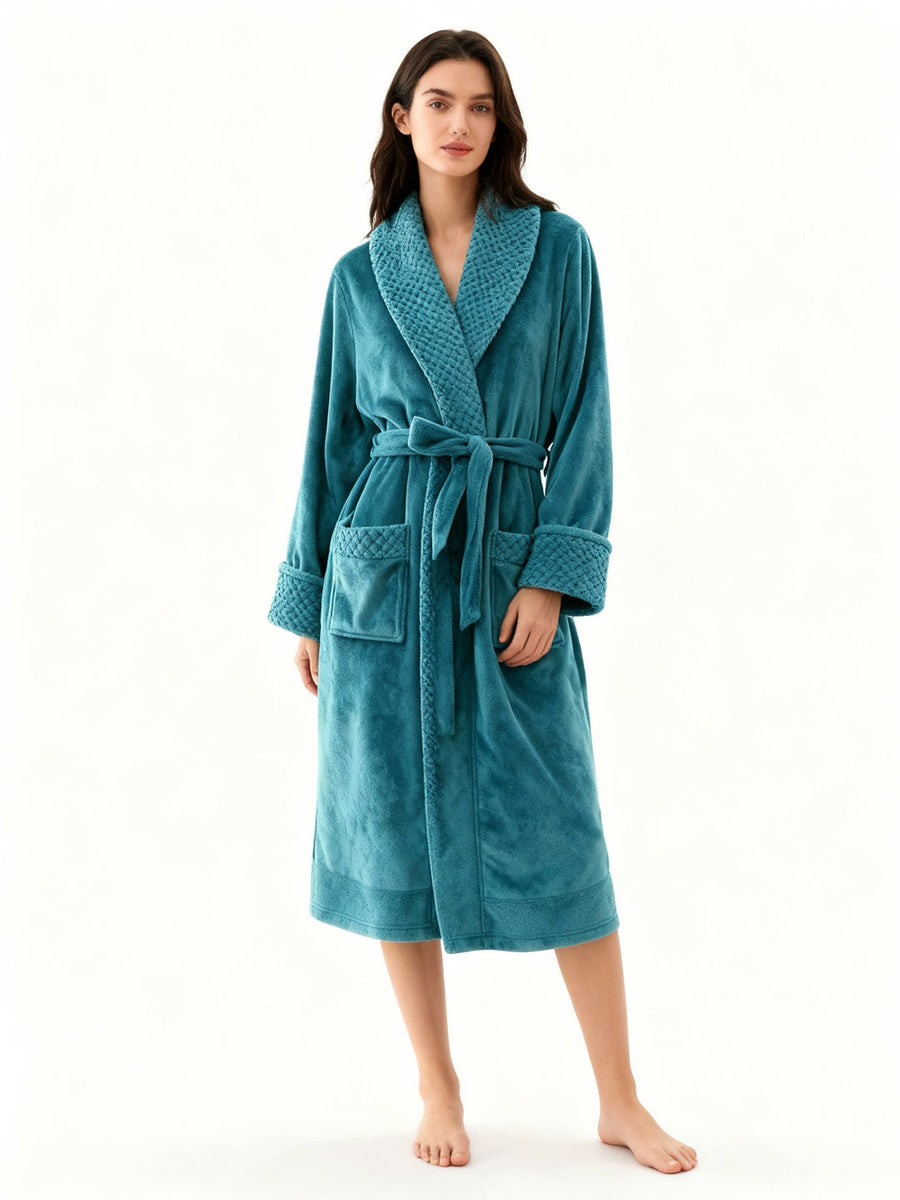 Unisex Bademantel lang mit Gürtel, Schalkragen und aufgesetzten Taschen