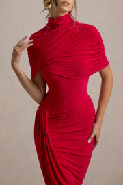 Drapiertes Midikleid – Figurbetontes Abendkleid mit Stehkragen & Cape-Detail
