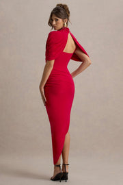 Drapiertes Midikleid – Figurbetontes Abendkleid mit Stehkragen & Cape-Detail