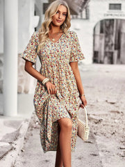 Warmes Kleid | Stilvolles lässiges Sommerkleid mit hoher Taille, Blumenmuster und V-Ausschnitt für Damen für dich