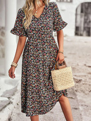 Warmes Kleid | Stilvolles lässiges Sommerkleid mit hoher Taille, Blumenmuster und V-Ausschnitt für Damen für dich