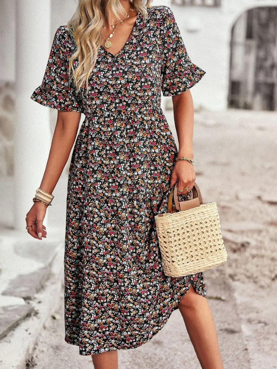 Warmes Kleid | Stilvolles lässiges Sommerkleid mit hoher Taille, Blumenmuster und V-Ausschnitt für Damen für dich