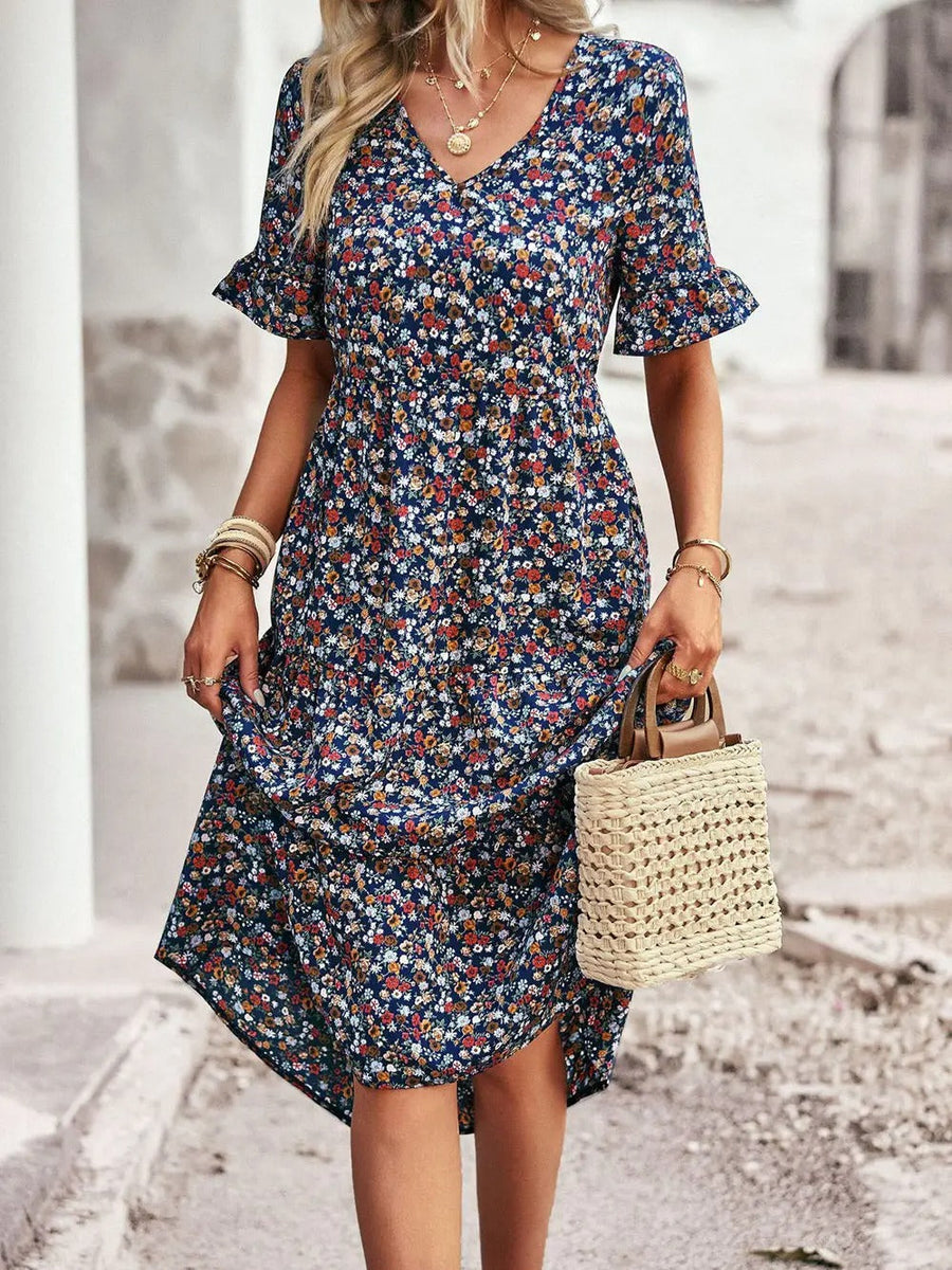 Warmes Kleid | Stilvolles lässiges Sommerkleid mit hoher Taille, Blumenmuster und V-Ausschnitt für Damen für dich
