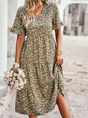 Warmes Kleid | Stilvolles lässiges Sommerkleid mit hoher Taille, Blumenmuster und V-Ausschnitt für Damen für dich