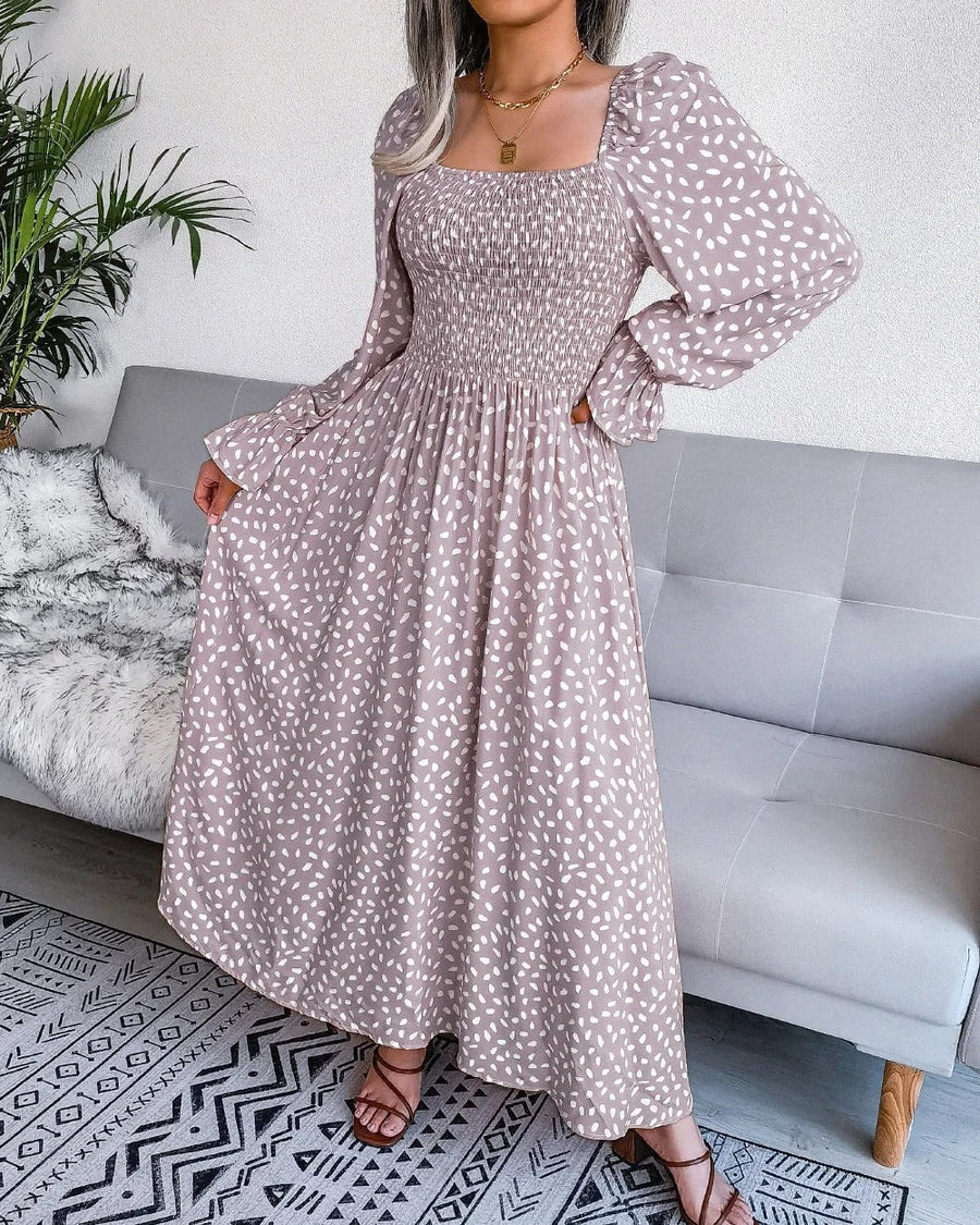 Bequemes Kleid | Stilvolles Sommerkleid mit Polka-Dot-Muster, schwungvollem Saum und langen Ärmeln für dich