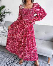 Bequemes Kleid | Stilvolles Sommerkleid mit Polka-Dot-Muster, schwungvollem Saum und langen Ärmeln für dich