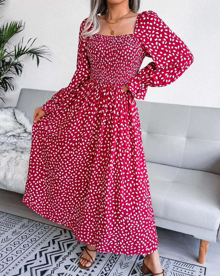 Bequemes Kleid | Stilvolles Sommerkleid mit Polka-Dot-Muster, schwungvollem Saum und langen Ärmeln für dich