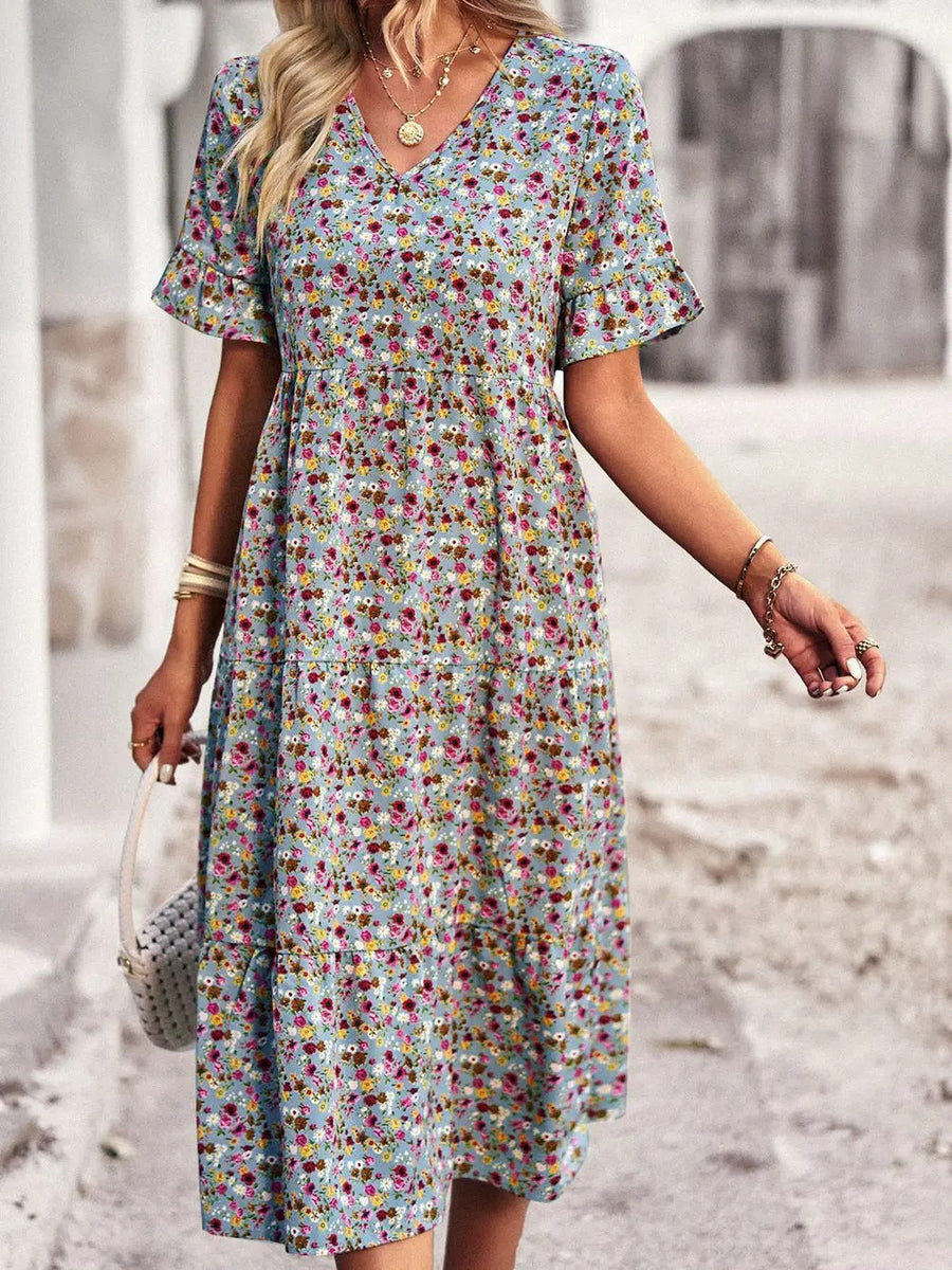 Warmes Kleid | Stilvolles lässiges Sommerkleid mit hoher Taille, Blumenmuster und V-Ausschnitt für Damen für dich