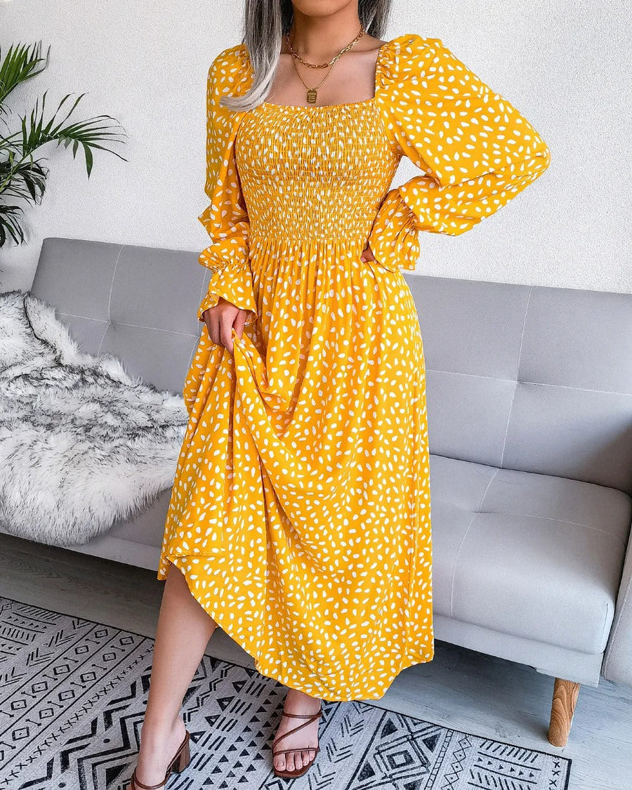 Bequemes Kleid | Stilvolles Sommerkleid mit Polka-Dot-Muster, schwungvollem Saum und langen Ärmeln für dich