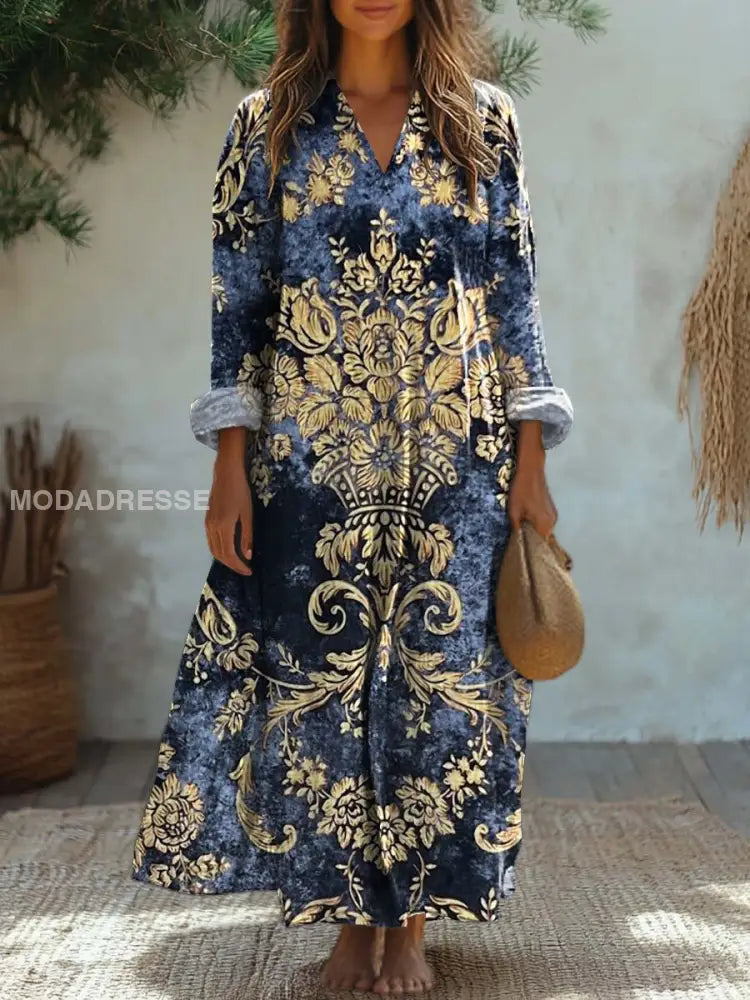 Elegant Vintage Floral Art Print Midi Dress with V-Neck and Long Sleeves