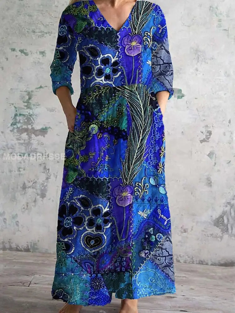 Chic Vintage Floral Art Print Midi Dress with V-Neck and Three-Quarter Sleeves