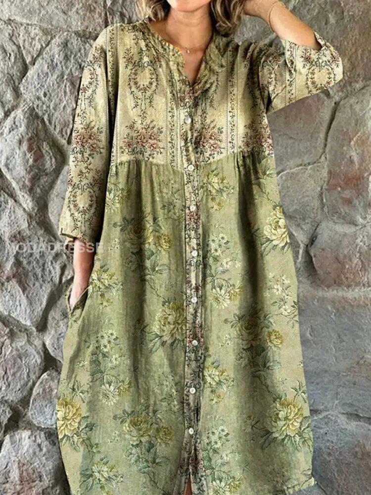 Chic Vintage Bohemian Floral Midi Dress with V-Neck and Three-Quarter Sleeves