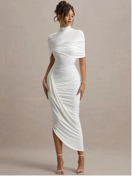 Drapiertes Midikleid – Figurbetontes Abendkleid mit Stehkragen & Cape-Detail