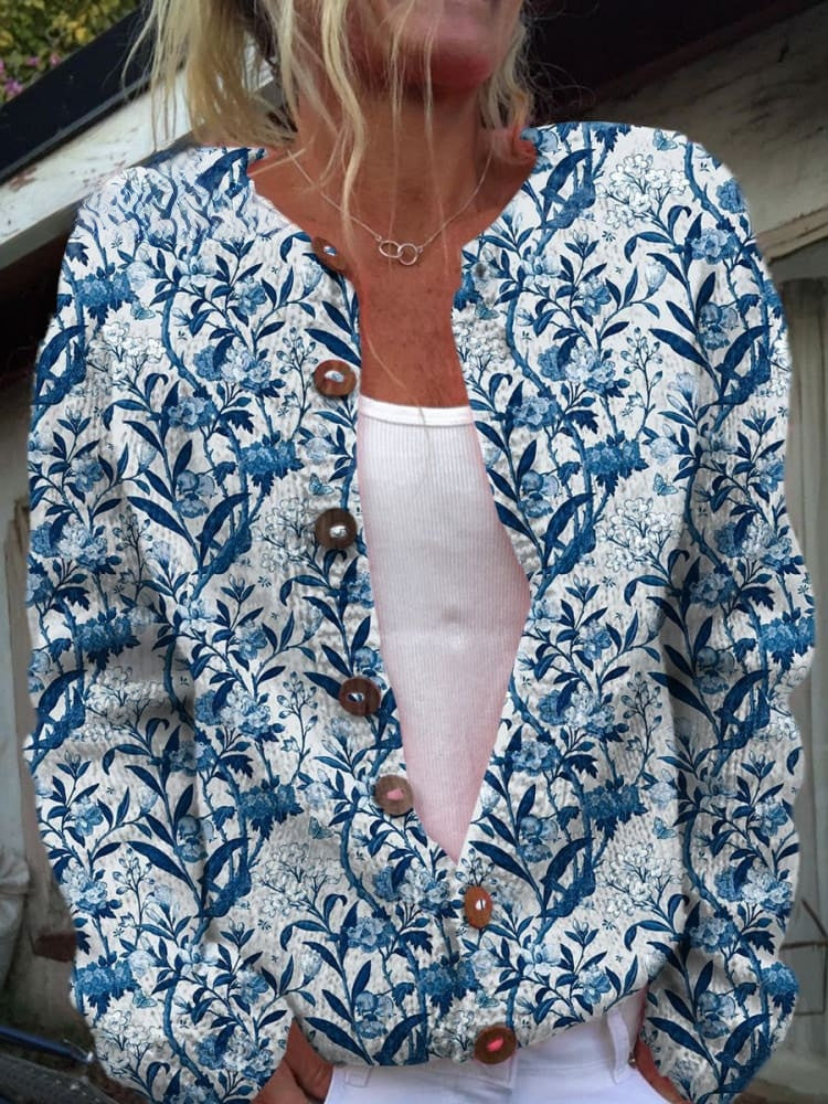 Clara™ | Eleganter blau-weißer Blumenprint-Cardigan mit Knöpfen