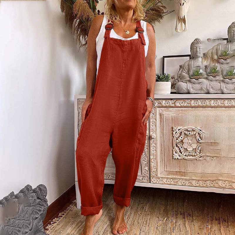 Heidi-Mode | Weite-Leg-Overall Damen verstellbare Schnalle Baumwolle und Leinen Tasche Overalls