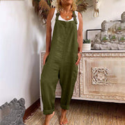 Heidi-Mode | Weite-Leg-Overall Damen verstellbare Schnalle Baumwolle und Leinen Tasche Overalls