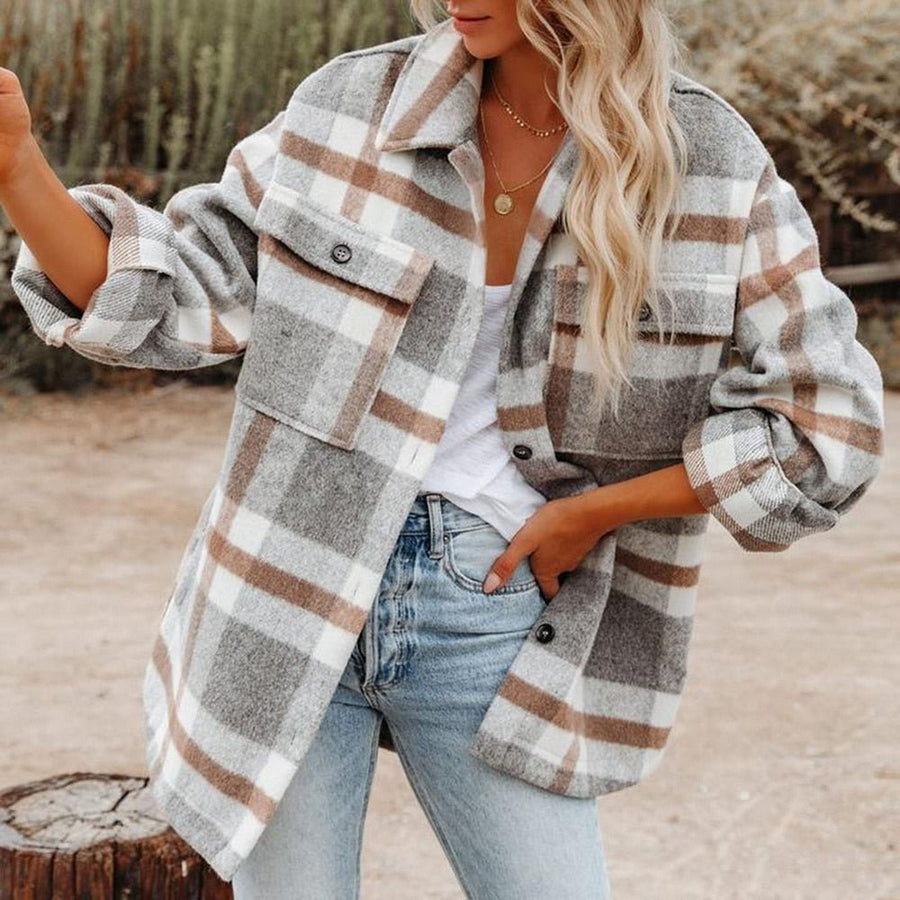 Stilvolle Karierte Damenjacke mit Langen Ärmeln - Trendy und Bequem